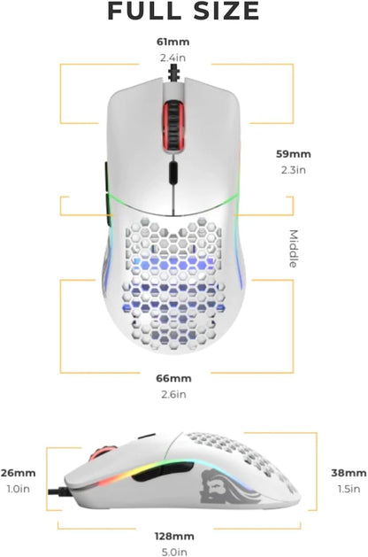 Model O Wired Gaming Mouse - 67G Ultra-Lightweight Honeycomb Design, RGB Lighting, Pixart 3360 Sensor, Omron Switches, Ambidextrous - Matte White