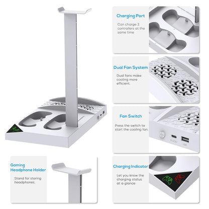 Charger Stand and Cooling Fan for Xbox Series S Console and Controller - Vertical Dual Cooling System with Dual 1400mAh Rechargeable Batteries, Cover, and Earphone Bracket