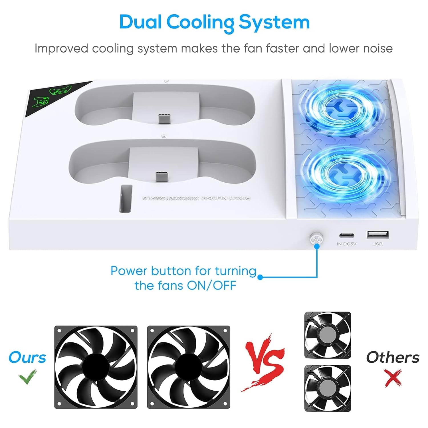 Charger Stand and Cooling Fan for Xbox Series S Console and Controller - Vertical Dual Cooling System with Dual 1400mAh Rechargeable Batteries, Cover, and Earphone Bracket