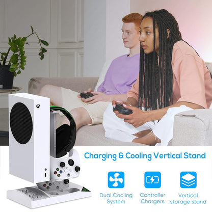 Charger Stand and Cooling Fan for Xbox Series S Console and Controller - Vertical Dual Cooling System with Dual 1400mAh Rechargeable Batteries, Cover, and Earphone Bracket