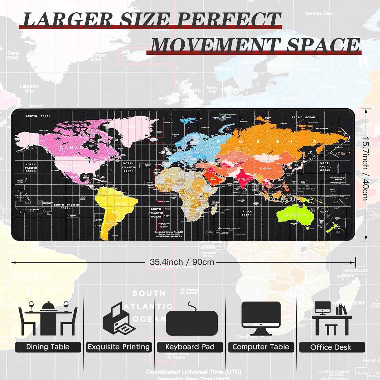 XXL Gaming Mouse Pad 35.40"X15.7"X0.12",Extended Desk Big Mat,World Map Pad with Non-Slip Base,Waterproof and Foldable Pad,Desktop Pad Suitable for Gamers,Suitable for Desktop,Office and Home