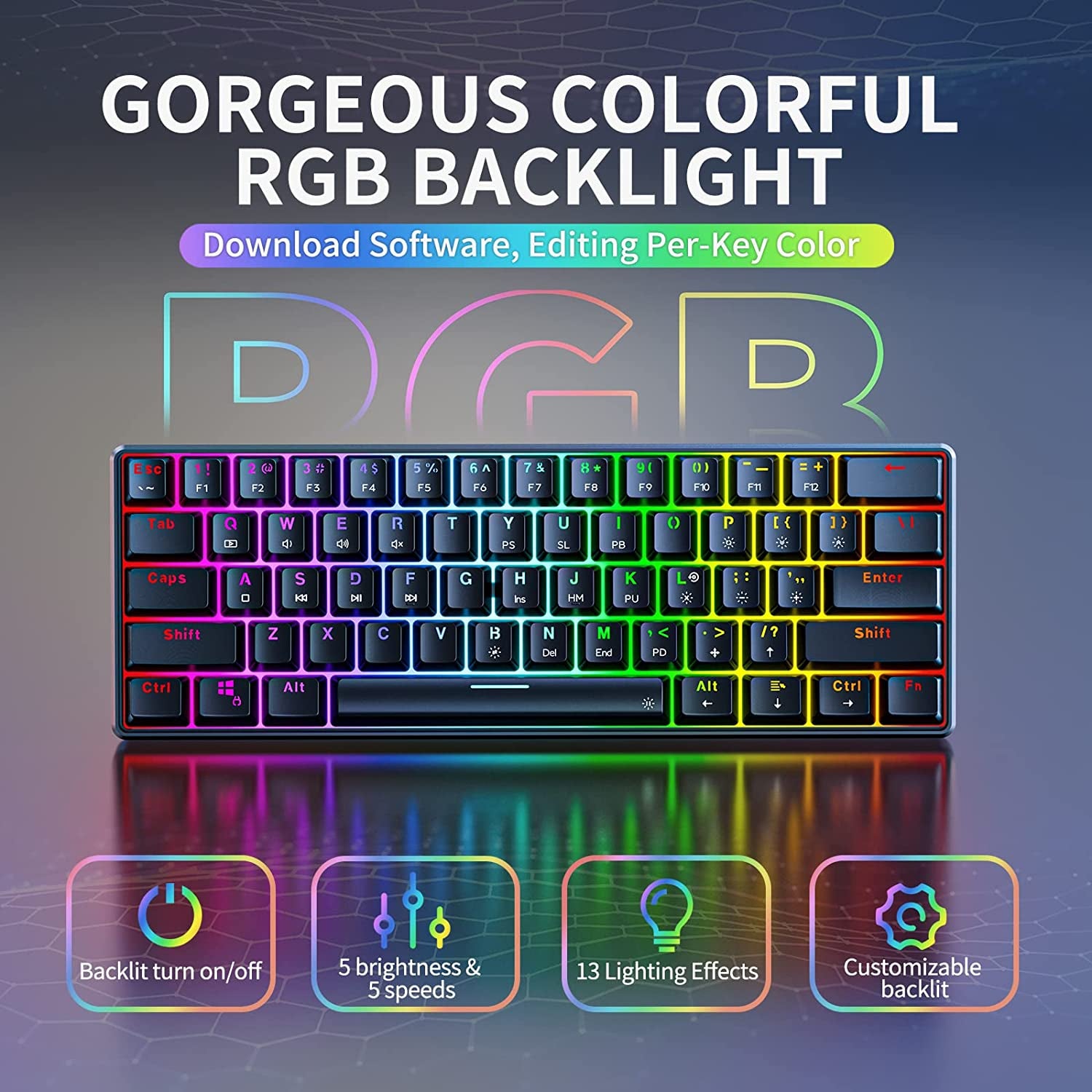 TH61 60% Mechanical Gaming Keyboard - RGB Backlit Wired Ultra-Compact Mini Keyboard with Fully Programmable Keys in Black